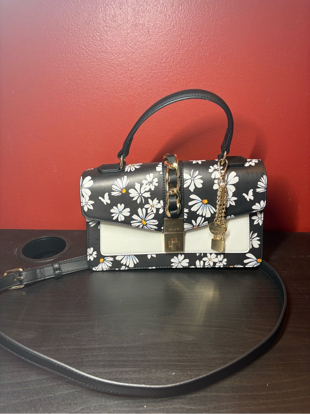 Aldo Black and White Daisy Satchel with Gold Hardware